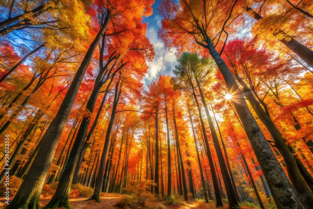 Obraz premium Autumn's final flourish illuminates the forest, with tall trees donning a cloak of orange, yellow, and red, their