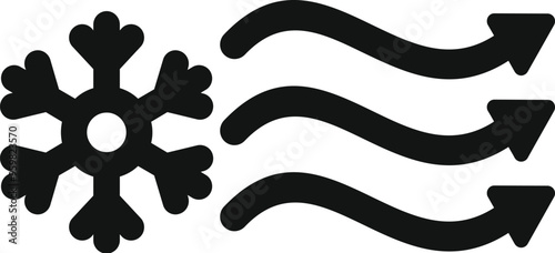 Simple black and white icon of a snowflake representing cold air flowing with arrows