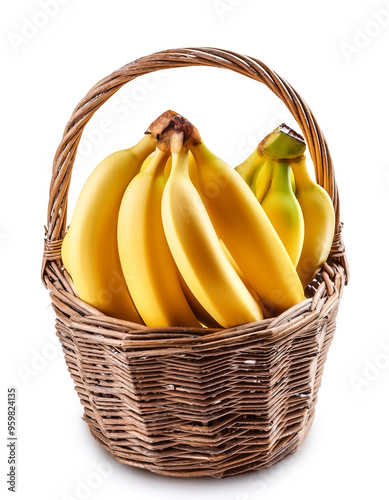 Bunch of bananas in wooden basket, isolated on white background