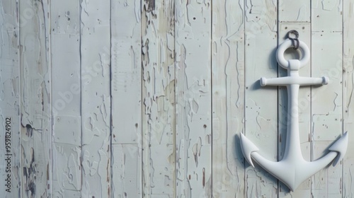 A white anchor decorates a weathered wooden wall, evoking a charming nautical theme and a sense of seaside nostalgia. photo