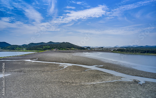 Aerial view of mud flat of Jeungdo Island at low tide near Sinan-gun, South Korea photo