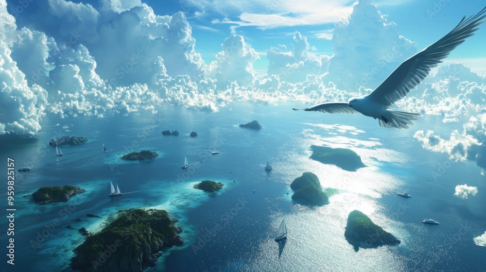 Fototapeta premium Seagull flying over tropical islands with sailboats.