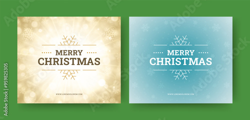 Merry Christmas social media post with snowflakes explosion design template set vector illustration. Happy New Year best wishes winter holiday celebrate greeting card with glow snow spark light bokeh
