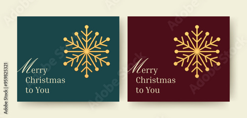 Luxury Merry Christmas social media post with snowflake design template set realistic vector illustration. Elegant premium Happy New Year Xmas congratulations greeting card with snow golden bauble toy