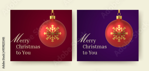 Merry Christmas festive social media post design template set realistic vector illustration. Winter holiday congratulations luxury greeting card with elegant premium red ball toy golden snowflake
