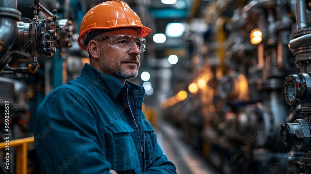 Industrial Resolve: A seasoned engineer in a hard hat and safety glasses stands confidently amidst the complex machinery of a modern factory, embodying the skill and expertise of the industrial workfo Industrial Resolve: A seasoned engineer in a hard hat and safety glasses stands confidently amidst the complex machinery of a modern factory, embodying the skill and expertise of the industrial workfo