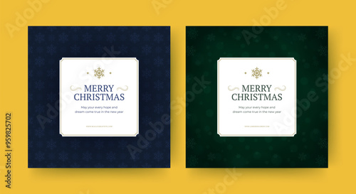 Merry Christmas winter holiday congratulations social media post design template set vector illustration. Happy New Year festive celebration greeting card with snowflakes blizzard glow bokeh ornament