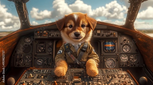 A playful puppy dressed in a pilot uniform sitting in the cockpit with hands on the controls, ready for adventure. photo