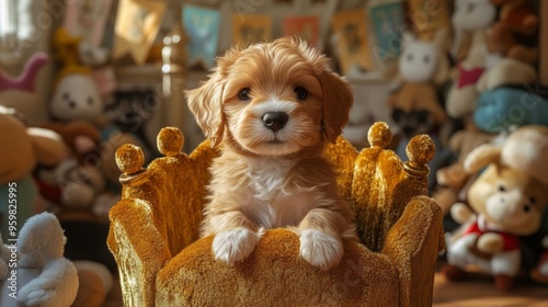 A fluffy puppy sits regally on a golden throne surrounded by colorful stuffed animals in a cozy room. photo