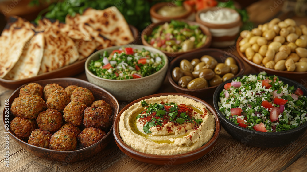 A Mediterranean feast with a variety of dishes including hummus, falafel, tabbouleh, grilled pita bread, and a bowl of olives, served on a wooden table A Mediterranean feast with a variety of dishes including hummus, falafel, tabbouleh, grilled pita bread, and a bowl of olives, served on a wooden table