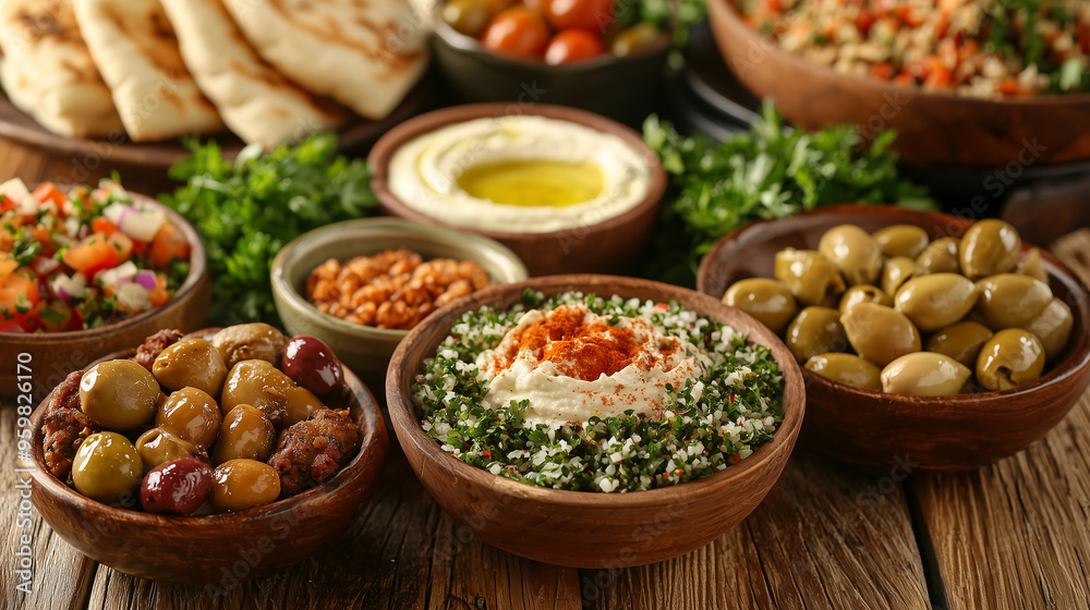 A Mediterranean feast with a variety of dishes including hummus, falafel, tabbouleh, grilled pita bread, and a bowl of olives, served on a wooden table A Mediterranean feast with a variety of dishes including hummus, falafel, tabbouleh, grilled pita bread, and a bowl of olives, served on a wooden table