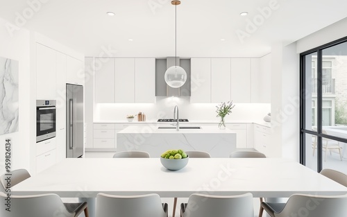 A white dining room with a large table