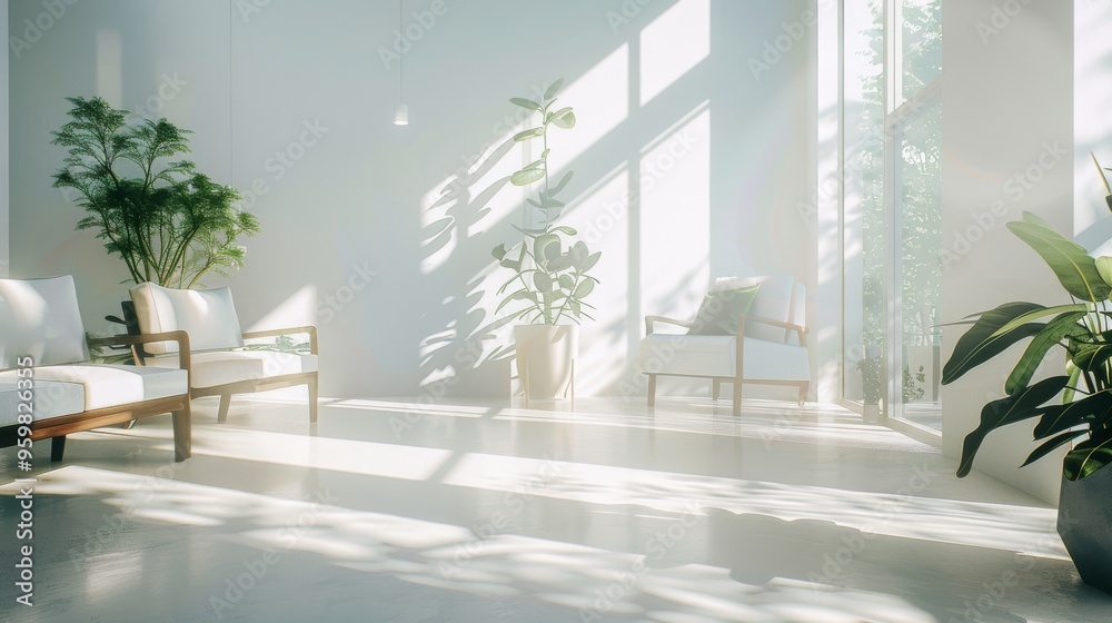 Fototapeta premium A minimalist and light-filled living space with modern furniture and abundant indoor plants, creating a serene and airy atmosphere.