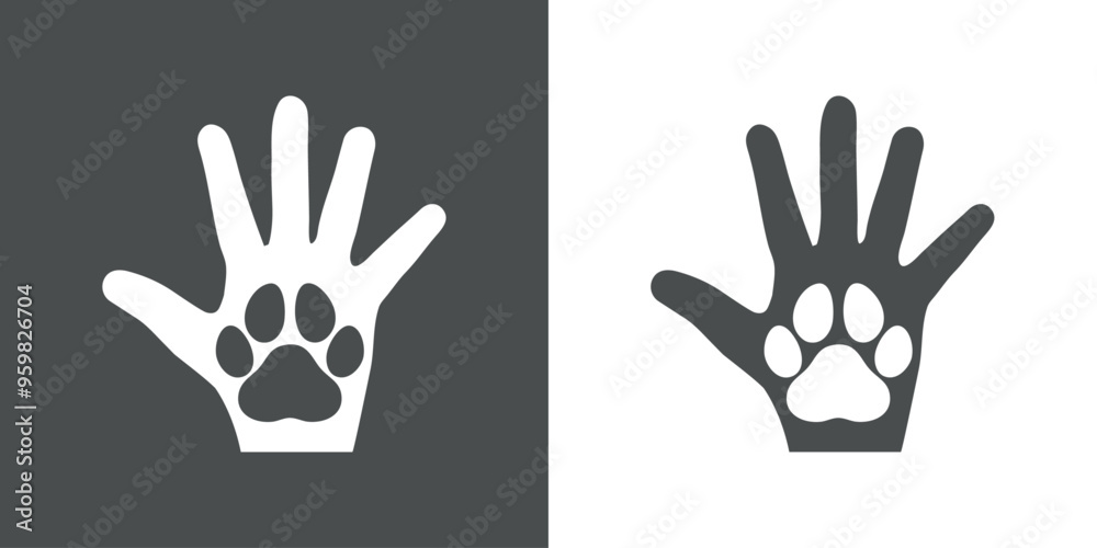 Fototapeta premium Silueta de palma de la mano humana con pata de perro o gato