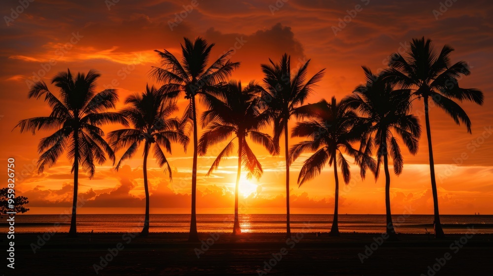Sunset casting fiery colors on sands with silhouetted palm trees and a peaceful blurred sea background. Sunset casting fiery colors on sands with silhouetted palm trees and a peaceful blurred sea background.