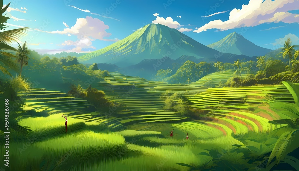 Fototapeta premium The lush, terraced rice fields of Bali, Indonesia, with their vibrant green hues and stunning mountain vistas.