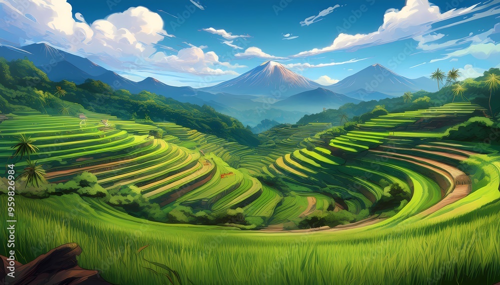 Fototapeta premium The lush, terraced rice fields of Bali, Indonesia, with their vibrant green hues and stunning mountain vistas.