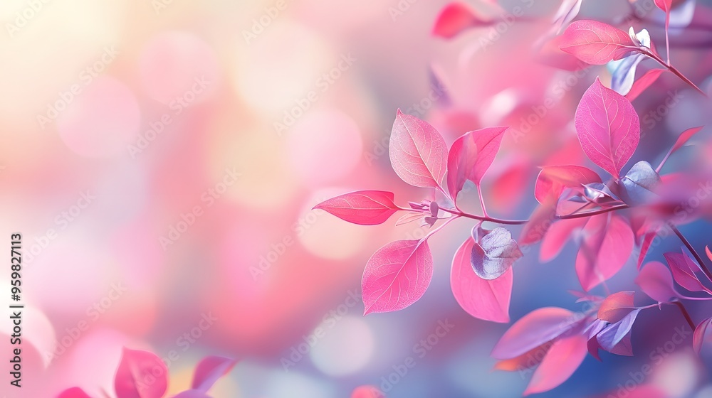 Vibrant pink and blue leaves against a soft pastel bokeh background Vibrant pink and blue leaves against a soft pastel bokeh background