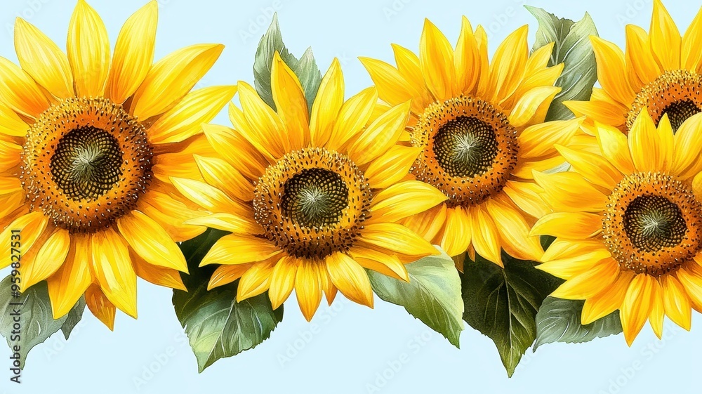 A vibrant arrangement of sunflowers against a soft blue background, capturing the essence of summer and natural beauty.