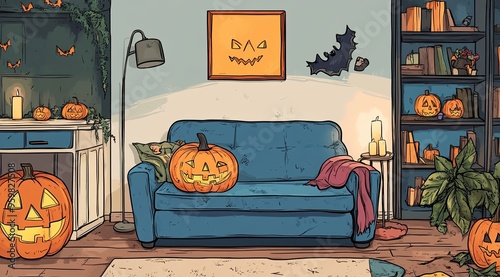 A charming modern apartment showcases a vibrant blue couch with decorative pillows next to playful pumpkins and Halloween artwork, creating a festive autumn atmosphere