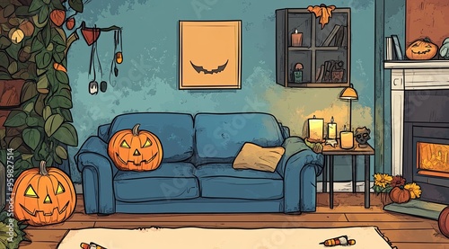 A charming modern apartment showcases a vibrant blue couch with decorative pillows next to playful pumpkins and Halloween artwork, creating a festive autumn atmosphere