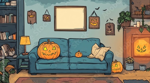A charming modern apartment showcases a vibrant blue couch with decorative pillows next to playful pumpkins and Halloween artwork, creating a festive autumn atmosphere