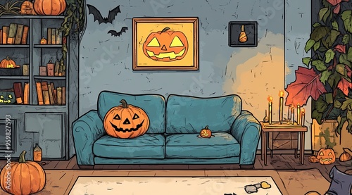 A charming modern apartment showcases a vibrant blue couch with decorative pillows next to playful pumpkins and Halloween artwork, creating a festive autumn atmosphere