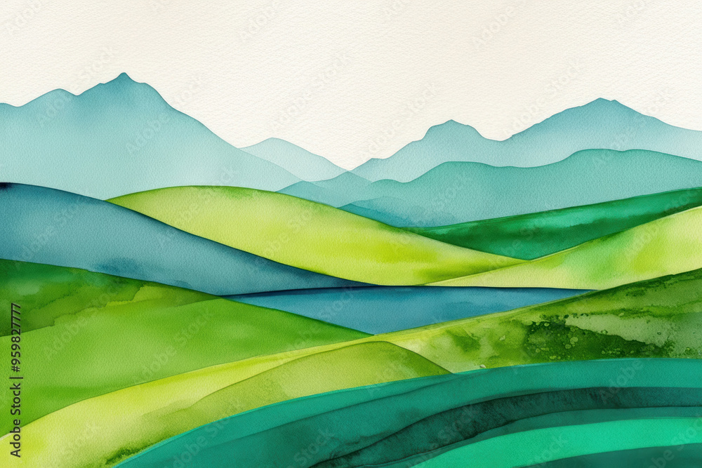 Obraz premium Watercolor image of green meadows: Vivid shades of grass and flowers create a picturesque and peaceful landscape for inspiration