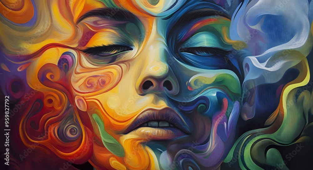 Obraz premium 32. **Vivid face art with swirling colors and energetic patterns surrounding a human face**