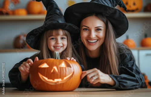 A woman in a witch costume and her daughter wearing a wizard hat sitting at a table doing Halloween decoration