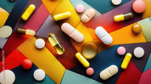 Assorted supplements in soft gels capsules and tablets arranged in a geometric pattern