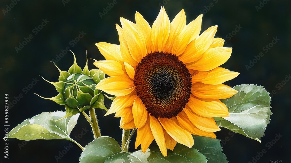 Naklejka premium A vibrant sunflower showcasing its bright yellow petals and charming green leaves, symbolizing warmth and positivity.