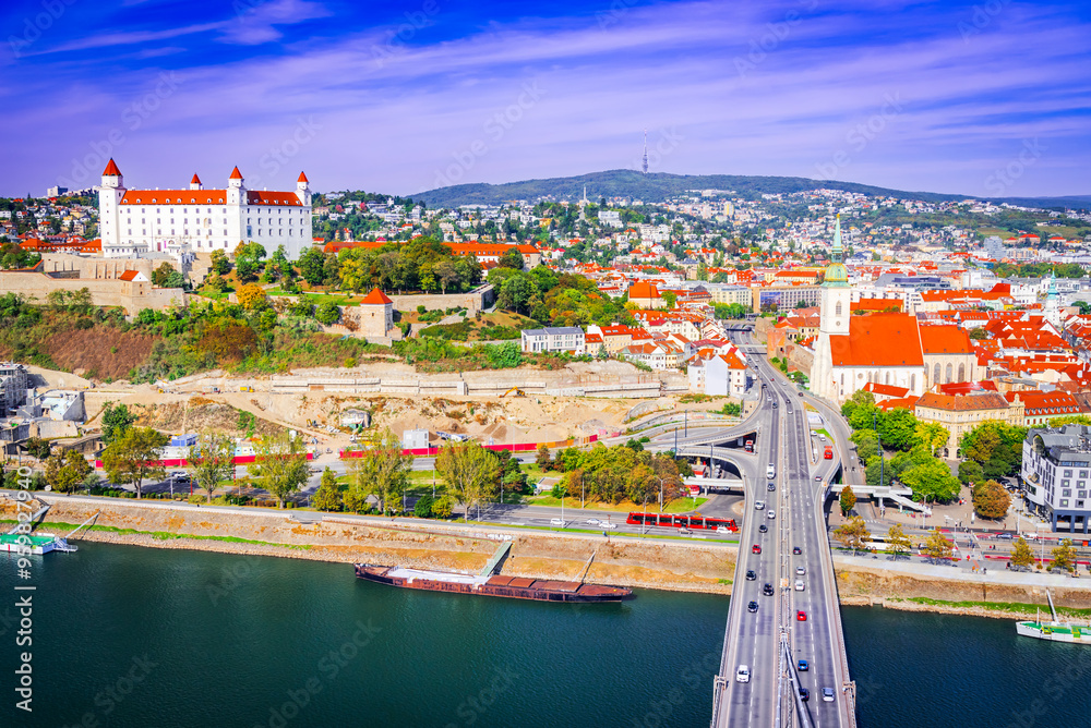 Bratislava, Slovakia. Panoramic rooftop view of the Hrad Castle and Danube River.