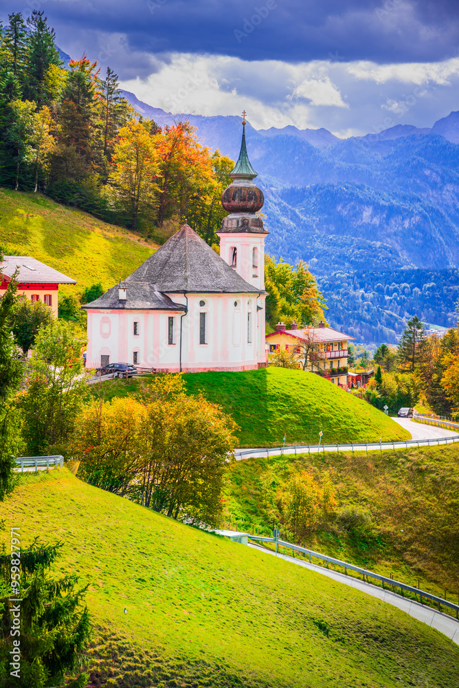 Berchtesgaden, Germany. Watzmann Mountain and Maria Gern church, Bavarian landscape.