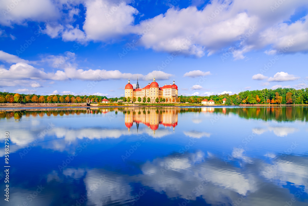 Morotzburg, Germany. Beautiful Baroque Palace surrounded by a lake, autumn in Saxony, Europe.