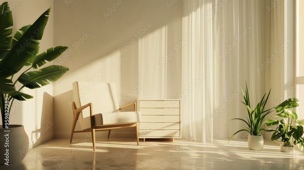 Fototapeta premium A sunny, minimalist room with a comfortable chair and small table surrounded by vibrant potted plants, exuding a peaceful yet stylish vibe.