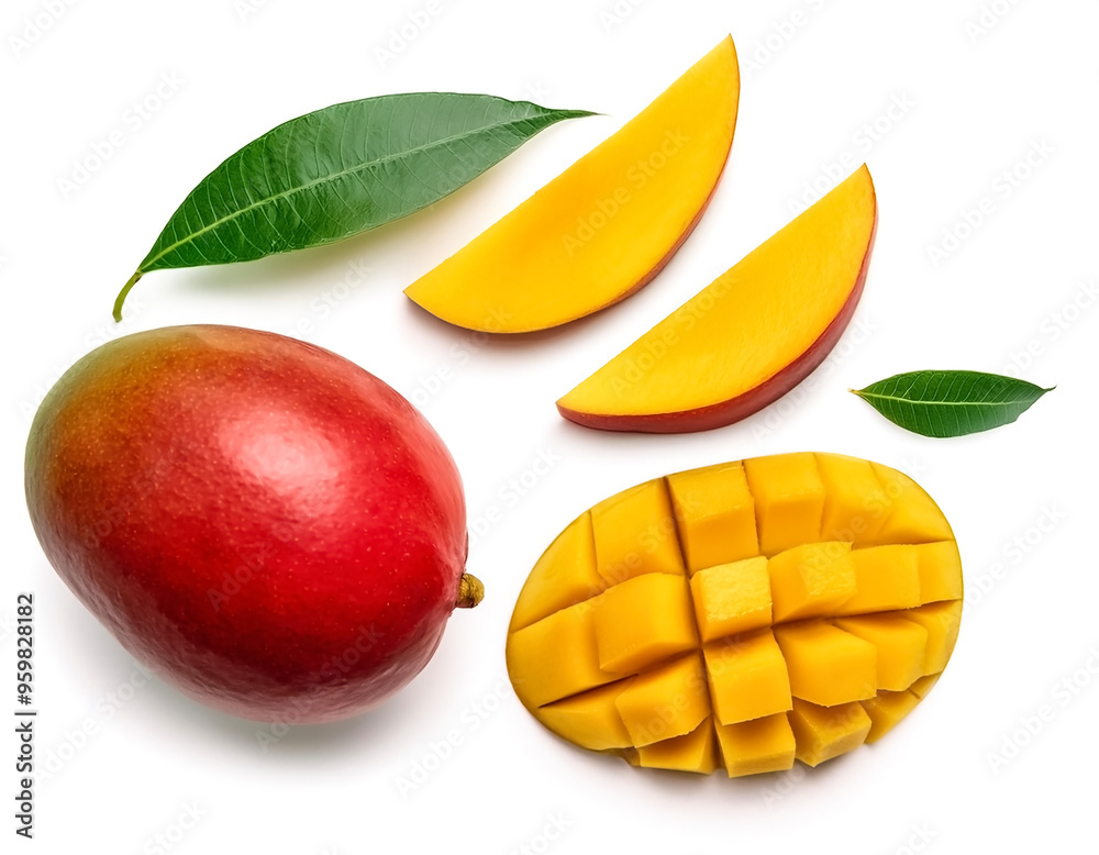 Red mango fruit with slices and green leaves isolated on white background Red mango fruit with slices and green leaves isolated on white background