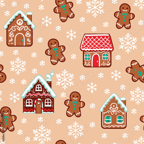 Christmas seamles pattern with cute snowman character, snowflackes and gingerbread man. Vector print for wrapping paper and holiday decor