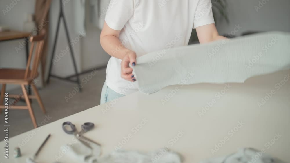 Camera focus on Caucasian woman's hands unfolding prepared piece of material in shape of t-shirt. Getting ready to work on sewing together two pieces. Special order from customer. Clothing industry. Camera focus on Caucasian woman's hands unfolding prepared piece of material in shape of t-shirt. Getting ready to work on sewing together two pieces. Special order from customer. Clothing industry.