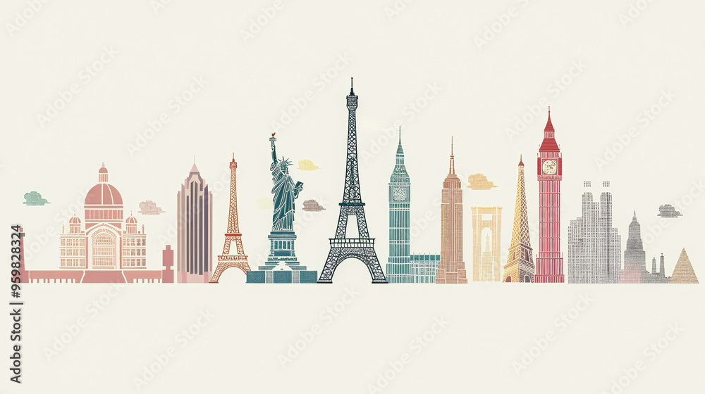 Obraz premium Silhouette illustration of famous global landmarks including the Eiffel Tower, Statue of Liberty, and Big Ben against a cream background