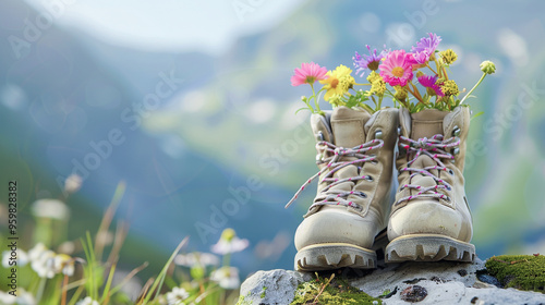 Hiking boots filled with colorful wildflowers set against a blurred mountain backdrop, symbolizing adventure and nature photo