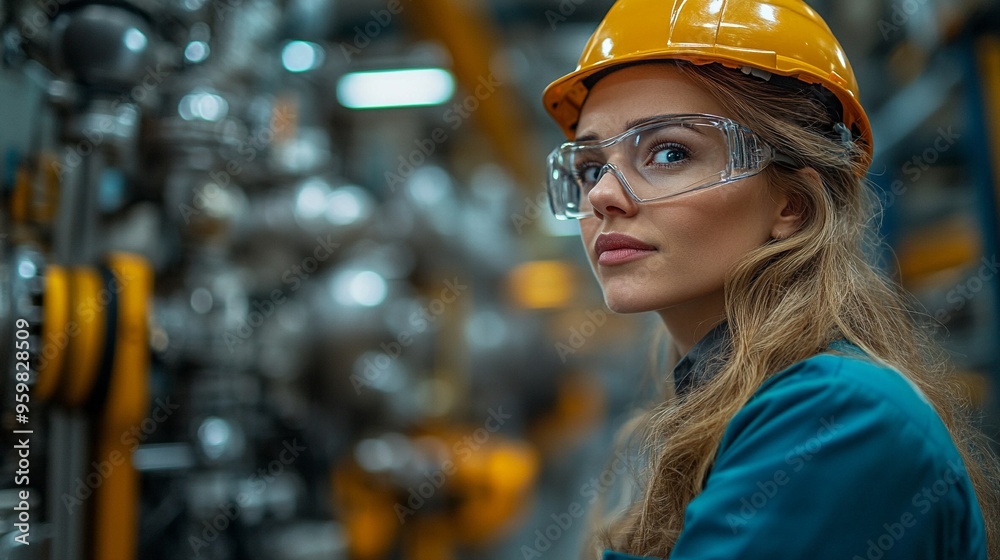 Focused Female Engineer: A woman in a hard hat and safety glasses looks intently at the machinery in a busy industrial setting, showcasing determination, expertise, and the power of women in STEM.  