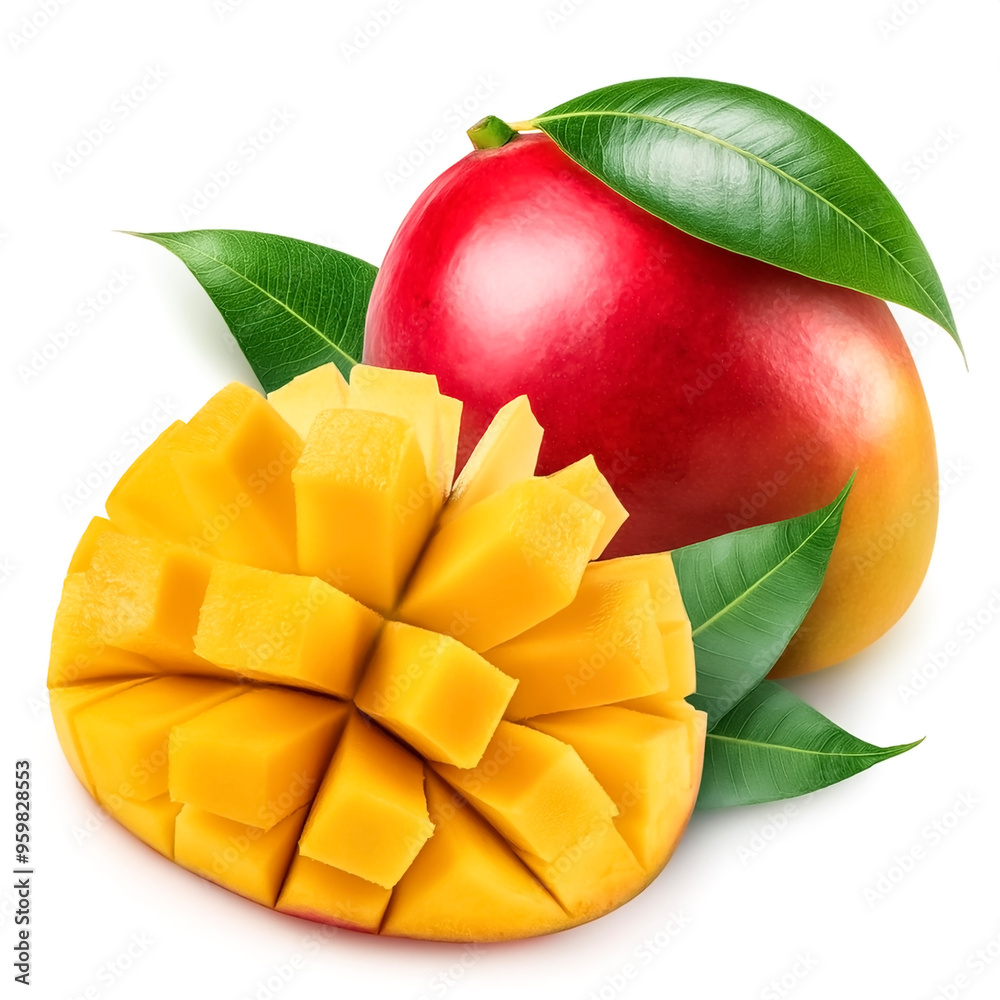 Red mango fruit with slices and green leaves isolated on white background Red mango fruit with slices and green leaves isolated on white background
