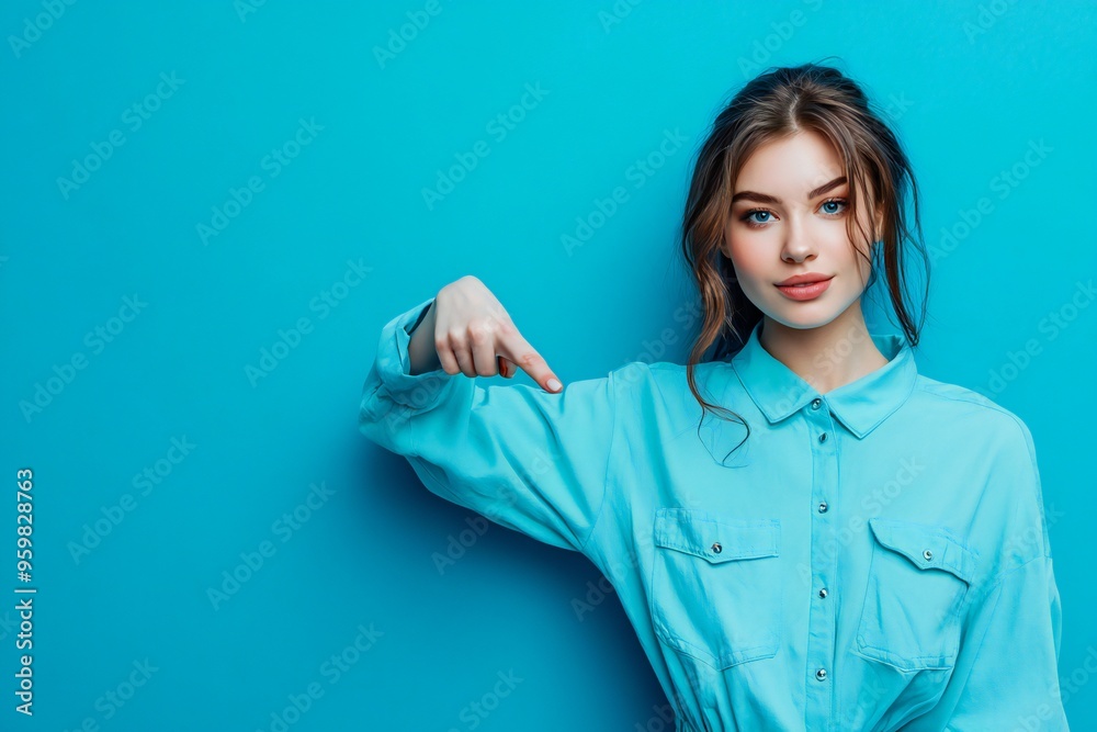 Photo portrait of attractive young woman point empty space dressed stylish blue clothes isolated on blue color background
