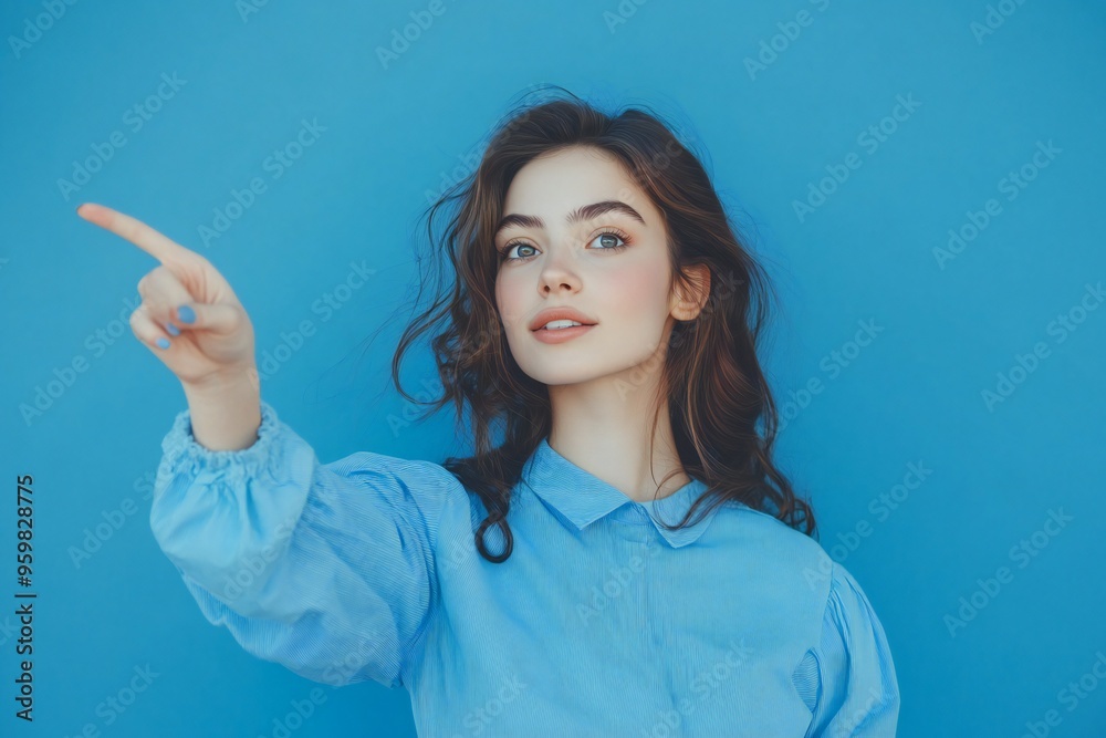 Fototapeta premium Photo portrait of attractive young woman point empty space dressed stylish blue clothes isolated on blue color background