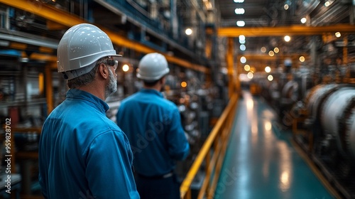 Industry Experts: Two industrial workers, wearing hard hats and safety glasses, stand overlooking a bustling factory floor, their backs to the camera, conveying a sense of expertise and dedication. 