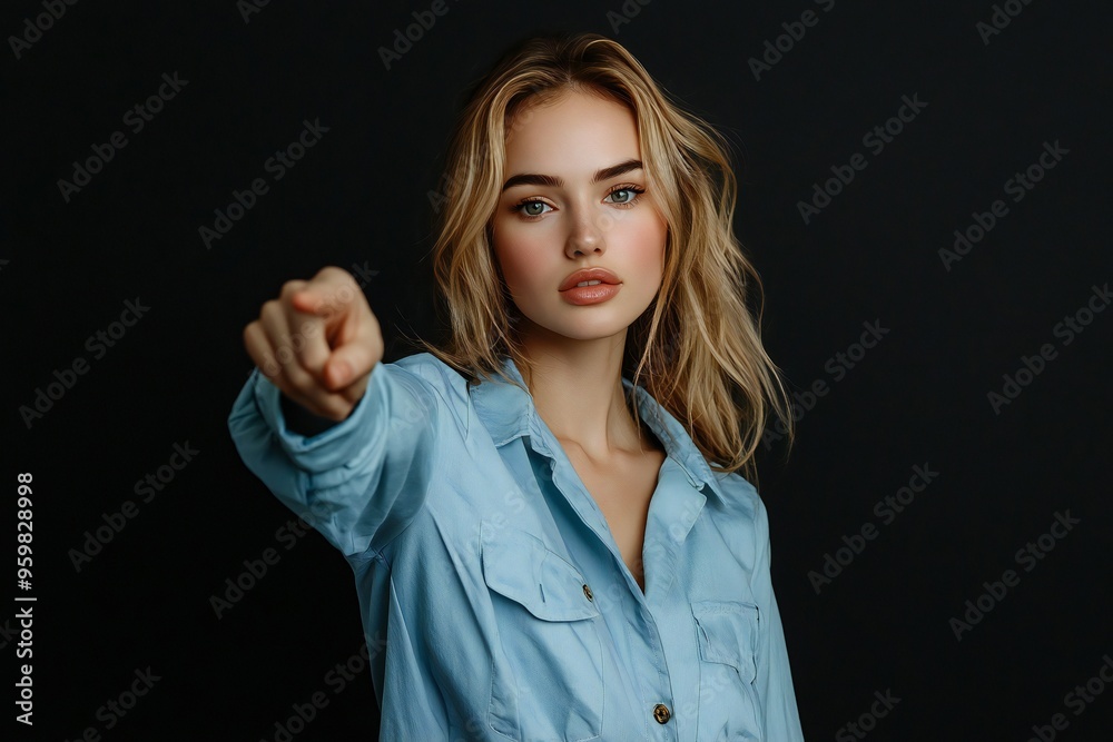 Photo portrait of attractive young woman point empty space dressed stylish blue clothes isolated on black color background Photo portrait of attractive young woman point empty space dressed stylish blue clothes isolated on black color background