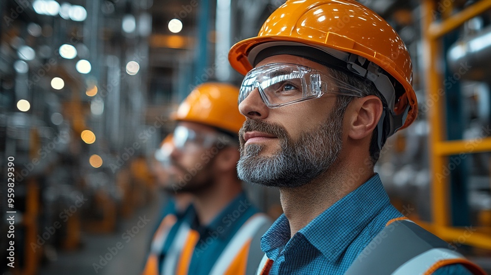 Industrial Visionaries: Experienced engineers survey a complex pipeline network, their expertise evident in their focused gaze. The image exudes professionalism, safety, and the power of skilled labor Industrial Visionaries: Experienced engineers survey a complex pipeline network, their expertise evident in their focused gaze. The image exudes professionalism, safety, and the power of skilled labor