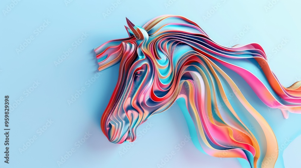 Obraz premium A stylized and colorful depiction of a horse's head, created with flowing, intertwined ribbons in a variety of bright hues against a light blue backdrop.