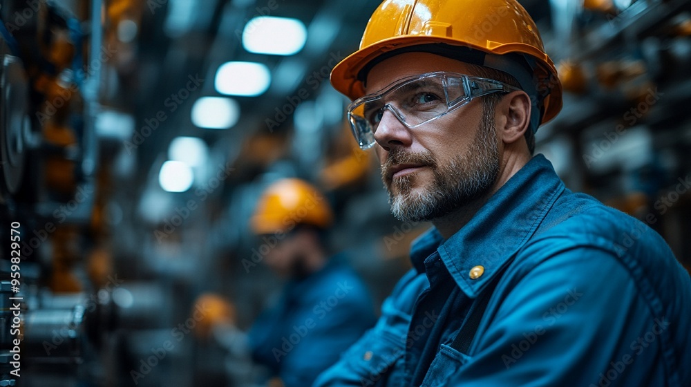 Focused on the Task: A seasoned industrial worker, clad in a blue jumpsuit and safety gear, gazes intently at the complex machinery before him, showcasing the dedication and focus required. Focused on the Task: A seasoned industrial worker, clad in a blue jumpsuit and safety gear, gazes intently at the complex machinery before him, showcasing the dedication and focus required.